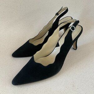 Slingback Black Suede Heels with Scalloped Trim